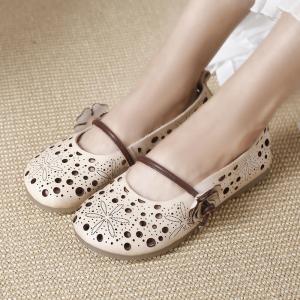 Flowers Strap Breathable Mom Shoes Hollow Out Leather Flats