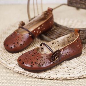 Flowers Strap Breathable Mom Shoes Hollow Out Leather Flats