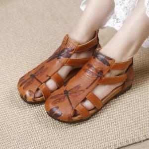 Dragonfly Patterned Gladiator Sandals Back Zip Leather Flats