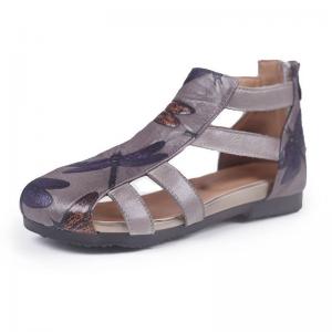 Dragonfly Patterned Gladiator Sandals Back Zip Leather Flats