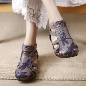 Dragonfly Patterned Gladiator Sandals Back Zip Leather Flats