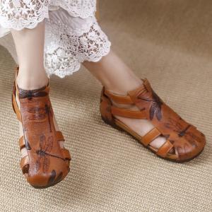 Dragonfly Patterned Gladiator Sandals Back Zip Leather Flats