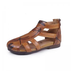 Dragonfly Patterned Gladiator Sandals Back Zip Leather Flats