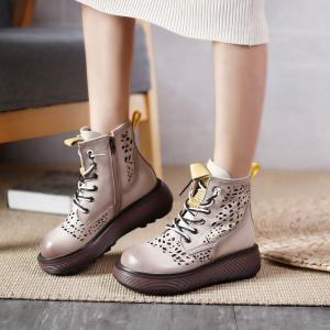 Side Zip Holes Leather Wedge Boots Lace Up Martin Boots for Women