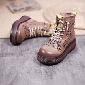 Side Zip Holes Leather Wedge Boots Lace Up Martin Boots for Women