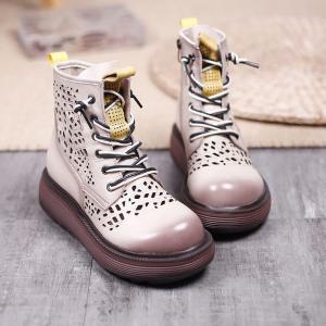 Side Zip Holes Leather Wedge Boots Lace Up Martin Boots for Women