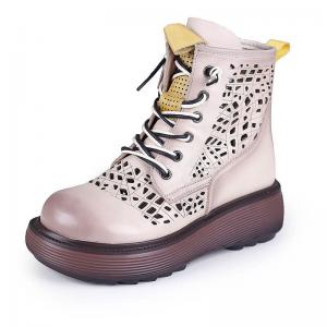 Side Zip Holes Leather Wedge Boots Lace Up Martin Boots for Women