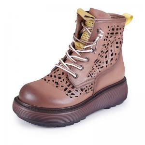 Side Zip Holes Leather Wedge Boots Lace Up Martin Boots for Women