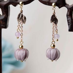 Violet Glass Ball Dangle Earrings Golden Leaf Chinese Earrings