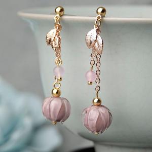 Violet Glass Ball Dangle Earrings Golden Leaf Chinese Earrings