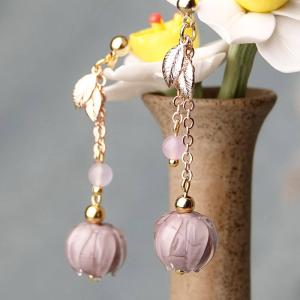 Violet Glass Ball Dangle Earrings Golden Leaf Chinese Earrings