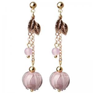 Violet Glass Ball Dangle Earrings Golden Leaf Chinese Earrings