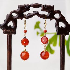 Red Agate Chinese Folk Long Earring
