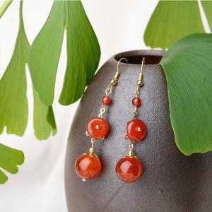 Red Agate Chinese Folk Long Earring