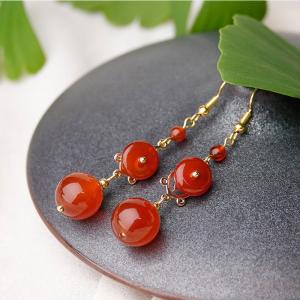 Red Agate Chinese Folk Long Earring