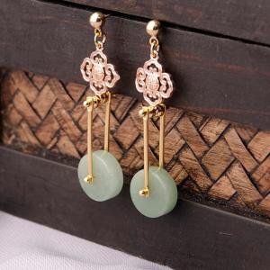 Round Aventurine Chinese Ethnic Earrings Designer Dangle Jewelry