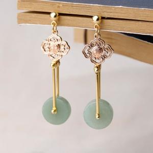 Round Aventurine Chinese Ethnic Earrings Designer Dangle Jewelry