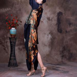 Back Slits Printed Front Cross Dress Silk Maxi Kimono Dress