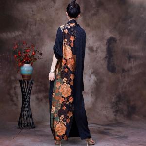 Back Slits Printed Front Cross Dress Silk Maxi Kimono Dress