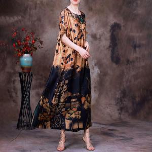 Senior Women Printed Pleated Dress Maxi Short Sleeves Elegant Dress