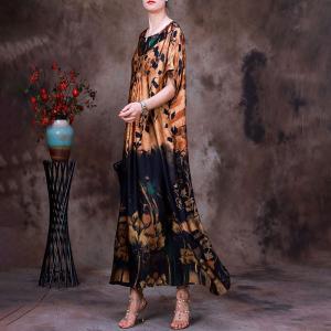 Senior Women Printed Pleated Dress Maxi Short Sleeves Elegant Dress