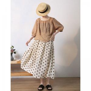 Chic Polka Dot Panel Skirt Maxi Linen A-Line Skirt