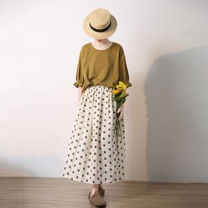 Chic Polka Dot Panel Skirt Maxi Linen A-Line Skirt