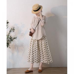 Chic Polka Dot Panel Skirt Maxi Linen A-Line Skirt