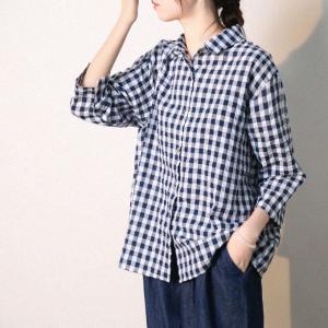 Long Sleeves Blue Plaid Shirt Womens Combed Cotton Officewear