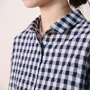Long Sleeves Blue Plaid Shirt Womens Combed Cotton Officewear