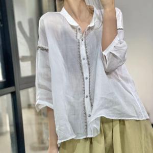 Loose-Fit Ramie Embroidery Blouse Puff Sleeves Fall Flax Clothing