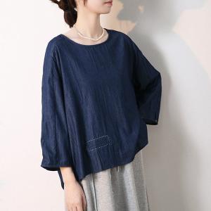 Line Embroidery Blue Blouse Plus Size Cotton Shirt