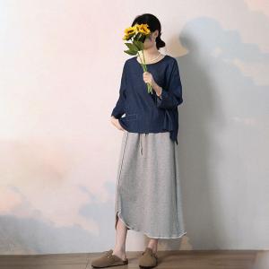 Line Embroidery Blue Blouse Plus Size Cotton Shirt
