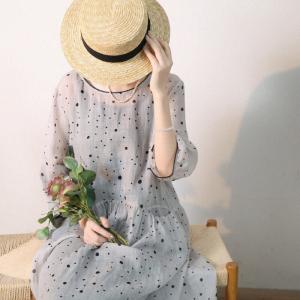 High-Waist Black Dotted Dress Ramie Beach Loose Dress