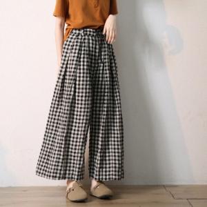 Air-Cool Black Plaid Pants Linen Wide Leg Pants