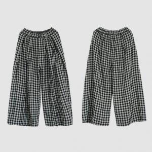 Air-Cool Black Plaid Pants Linen Wide Leg Pants