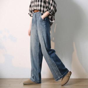 Soft Denim Stone Wash Jeans Straight Legs Floor Length Jeans