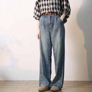 Soft Denim Stone Wash Jeans Straight Legs Floor Length Jeans
