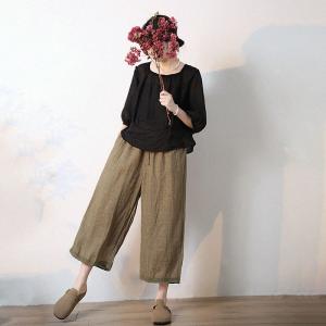 Lace Hem Linen Pull-On Pants Wide Leg Cropped Pants