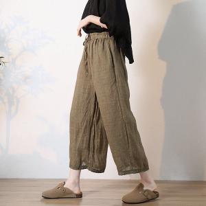 Lace Hem Linen Pull-On Pants Wide Leg Cropped Pants