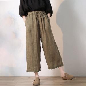 Lace Hem Linen Pull-On Pants Wide Leg Cropped Pants