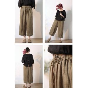 Lace Hem Linen Pull-On Pants Wide Leg Cropped Pants