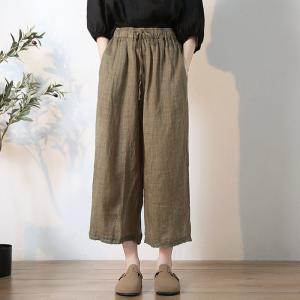 Lace Hem Linen Pull-On Pants Wide Leg Cropped Pants