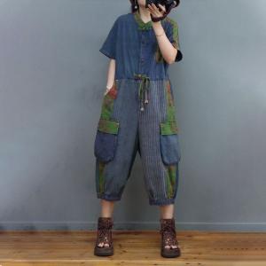 Stripes and Prints Tied Waist Jumpsuits Cotton Linen Gardening Outfits