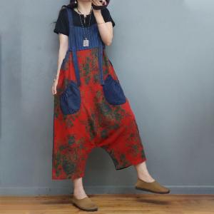 Summer Beach Floral Harem Overalls Cotton Linen Folk Overalls