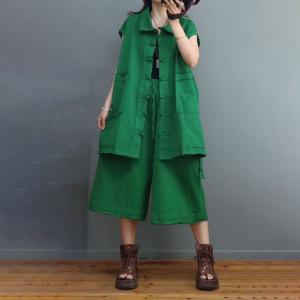 Qipao Style Pankou Shirt Cardigan with Cotton Wide Leg Shorts