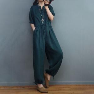 High Waisted Casual Linen Jumpsuits Balloon Legs Tied Jumpsuits