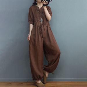 High Waisted Casual Linen Jumpsuits Balloon Legs Tied Jumpsuits