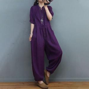 High Waisted Casual Linen Jumpsuits Balloon Legs Tied Jumpsuits
