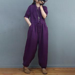 High Waisted Casual Linen Jumpsuits Balloon Legs Tied Jumpsuits